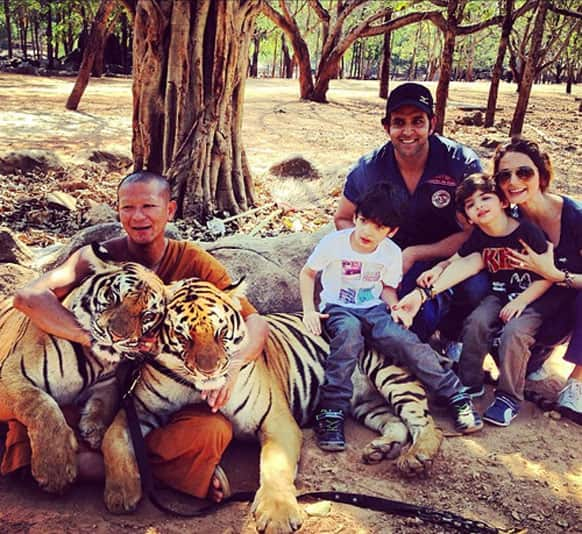 Hrithik Roshan was spotted holidaying with his wife, kids and tigers. 