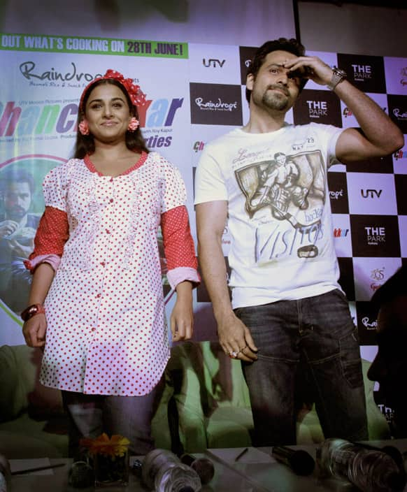 Bollywood actors Vidya Balan and Emraan Hashmi arrive to attend a promotional press conference of their new Hindi movie 