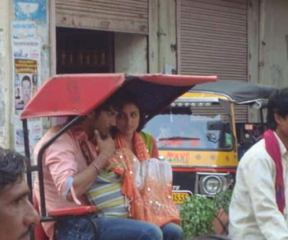 A picture of Parineeti Chopra and Sushant Singh Rajput while the duo was busy shooting for 'Shuddh Desi Romance'.