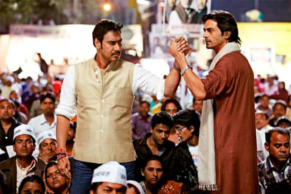 Ajay Devgn and Arjun Rampal in a still from Prakash Jha's 'Satyaghaha'.