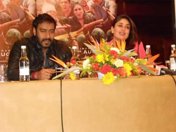 Kareena Kapoor and Ajay Devgn joined UTV Motion Pictures and Prakash Jha from London via videoconferencing during the trailer launch of 'Satyagraha' at an event in Mumbai. 