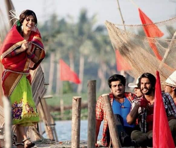 Priyanka Chopra, Ranveer Singh and Arjun Kapoor share a light moment on the sets of ‘Gunday’.