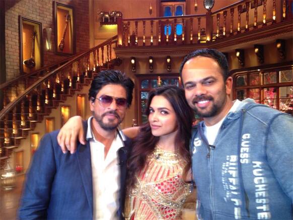 Shah Rukh Khan, Deepika Padukone and Rohit Shetty - the 'Chennai Express' trio  - pose for the lenses.