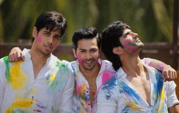 A picture of boy gang comprising Siddharth Malhotra, Varun Dhawan and Sushant Singh Rajput celebrating Holi.