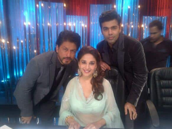 Karan Johar tweeted this picture with Shah Rukh Khan and Madhuri Dixit on the sets of a dance reality show.