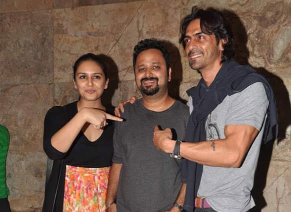 Huma Qureshi, Nikhil Advani and Arjun Rampal at the private screening of 'D-Day'. (Pic courtesy: Filmfare)