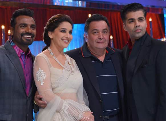 Remo, Madhuri Dixit, Rishi Kapoor and Karan Johar on the sets of a dance reality show. (Pic courtesy: Filmfare)