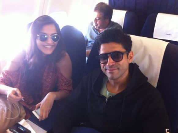 Farhan Akhtar and Sonam Kapoor while on a tour to promote 'Bhaag Milkha Bhaag'.