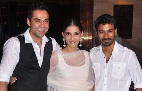 Abhay Deol, Sonam Kapoor and Dhanush pose for the photographers in an elated mood during 'Raanjhnaa' success bash.