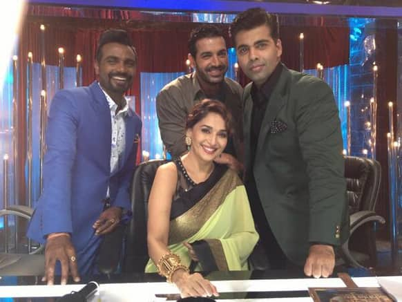 Madhuri Dixit with her gang on the sets of a dance reality show. (Pic courtesy: @MadhuriDixit1)