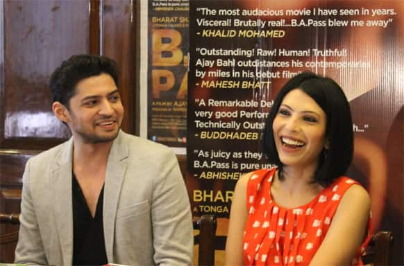 'B.A. Pass' actors Shadab Kamal and Shilpa Shukla interact with the press during a press conference.