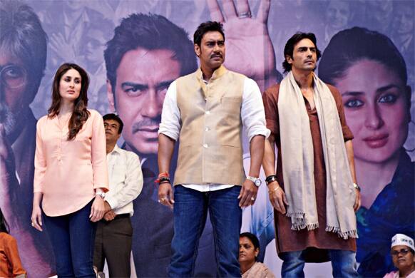 Kareena Kapoor, Ajay Devgn and Arjun Rampal in a still from Prakash Jha's 'Satyagraha'.