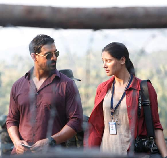 Nargis Fakhri and John Abraham in a still from 'Madras Cafe'.