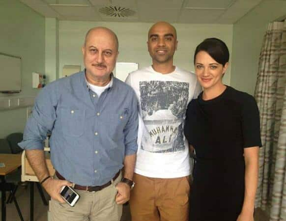 Anupam Kher along with Asia Argento on the sets of 'Shongram'.     Pic Courtesy: @AnupamPkher