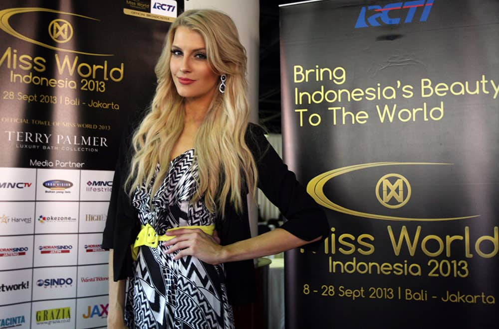 Miss World pageant contestant Miss Australia Erin Holland poses for photos in Nusa Dua, Bali, Indonesia.