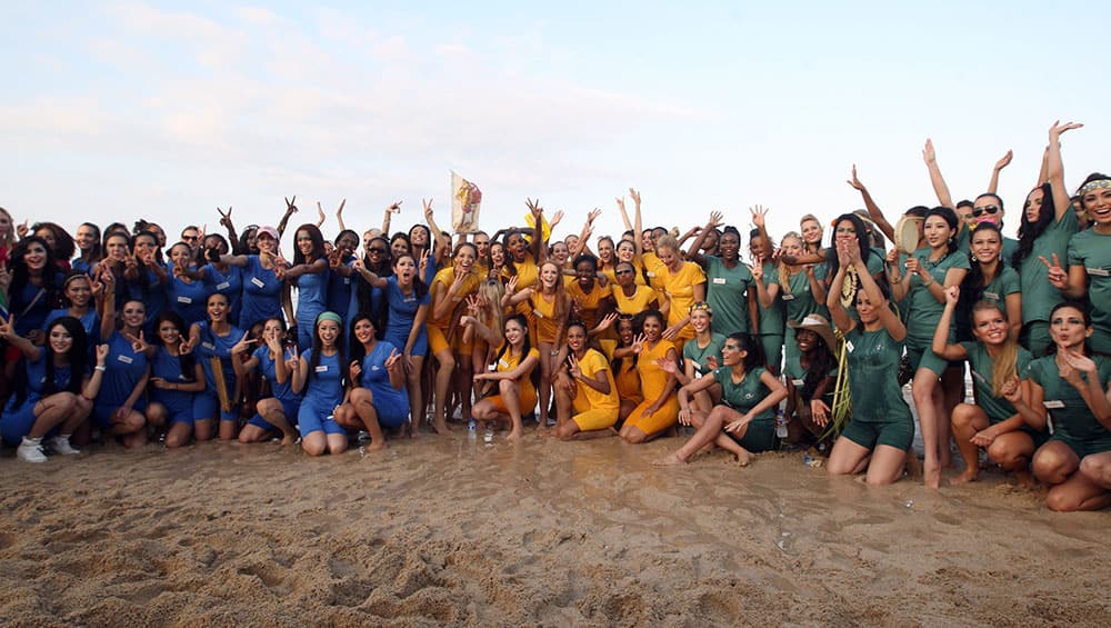 Miss World pageant contestants pose during a beach game in Nusa Dua, Bali, Indonesia.