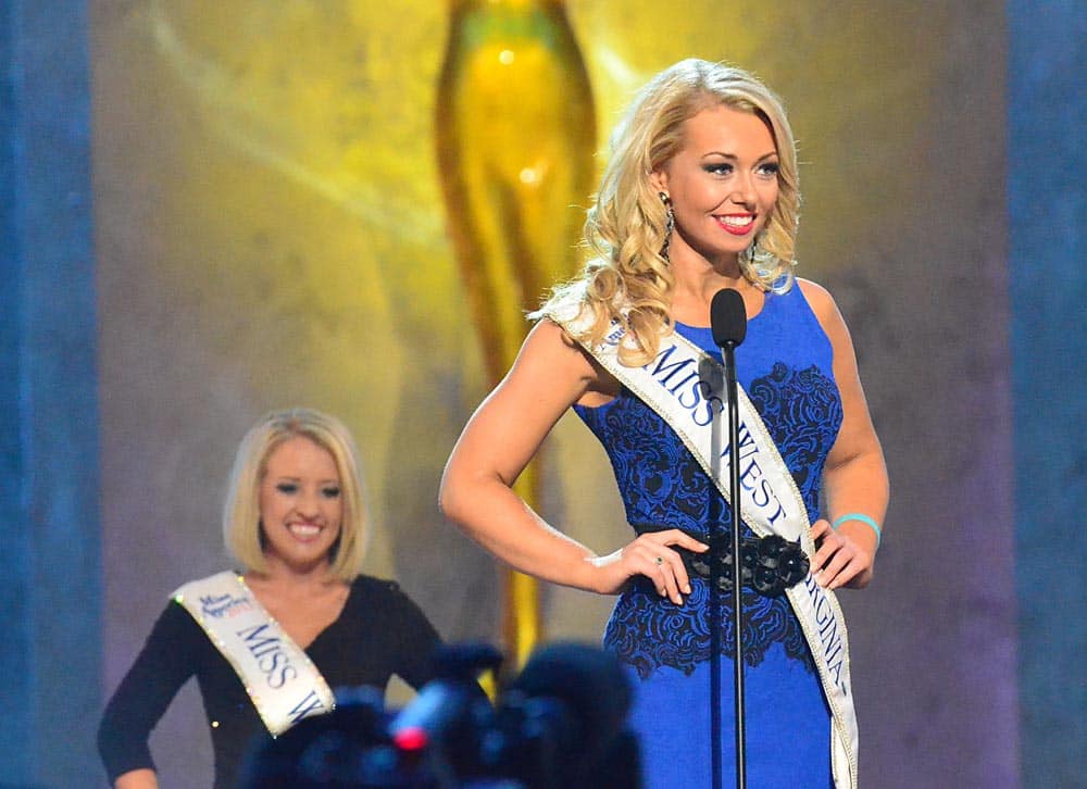 Miss West Virginia, Miranda Harrison, speaks during the preliminary competition of the Miss America Pageant at Boardwalk Hall, in Atlantic City.