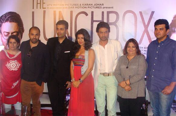 Meet ‘The Lunchbox’ team comprising producer Guneet Monga, director Ritesh batra, Karan Johar, Nimrat Kaur, Irrfan Khan, Bharti Achrekar and producer Siddharth Roy Kapur.