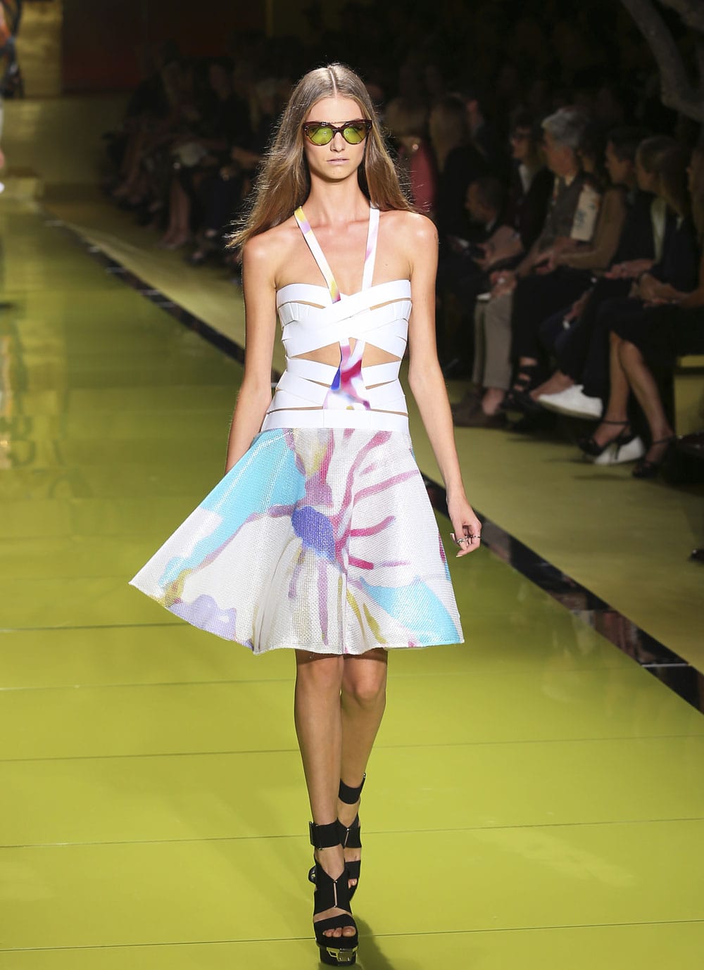 A model wears a creation for Versace's women's Spring-Summer 2014 collection, part of the Milan Fashion Week.