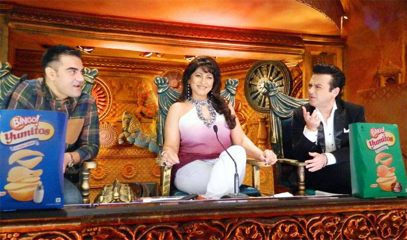 Adnan Sami with Archana Puran Singh and Arbaaz Khan on the sets of a comedy TV show.