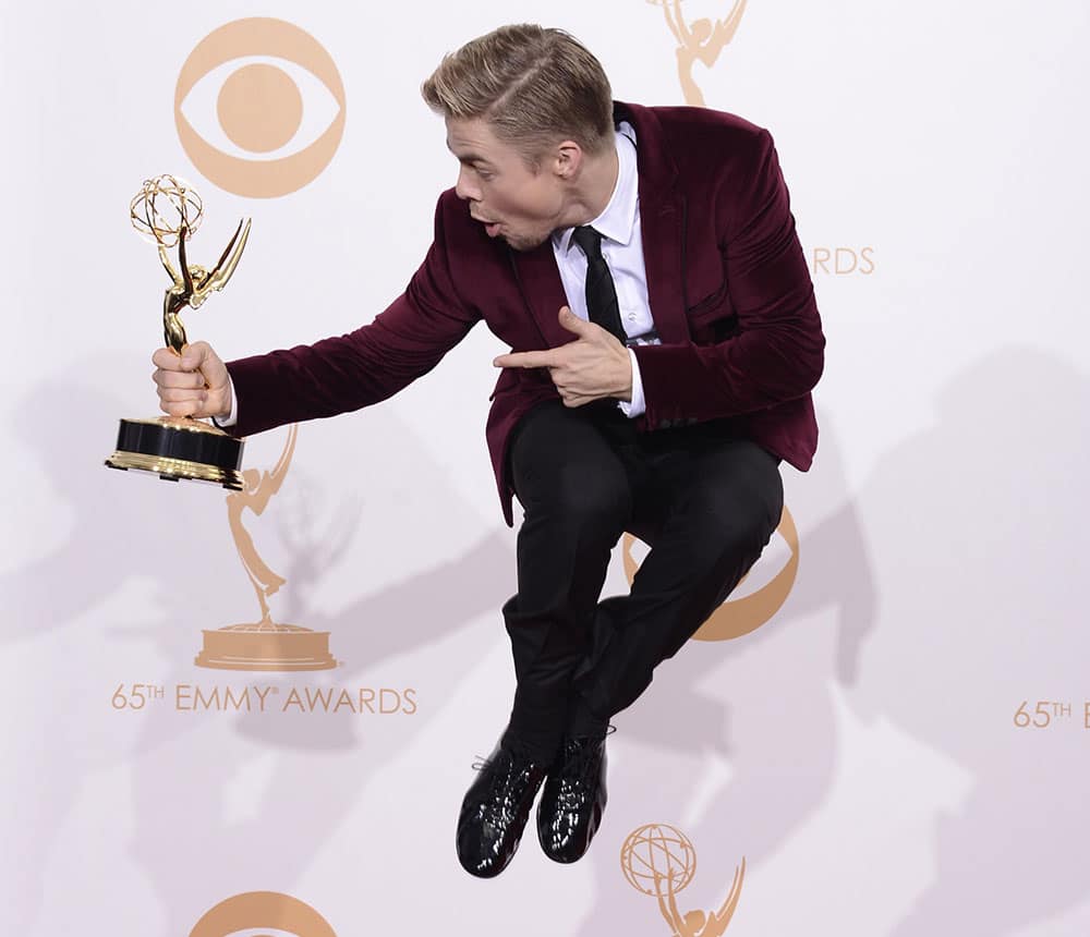 Derek Hough poses with the award for outstanding choreography for his work on “Dancing with the Stars” at the 65th Primetime Emmy Awards at Nokia Theatre.