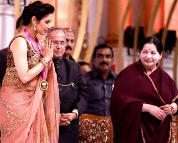 For her contribution to the Indian cinema, actress Sridevi was felicitated with a Medallion of Honour by President Pranab Mukherjee in Chennai on Tuesday. Tamil Nadu's Chief Minister Jayalalitha can be seen in the picture.