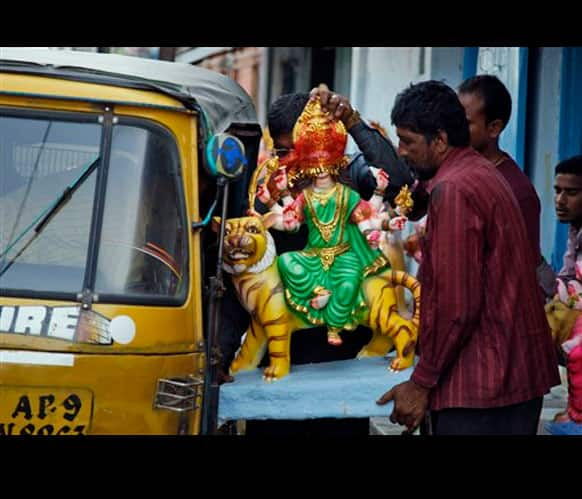 Mata idol being carried for Navratri puja in Hyderabad