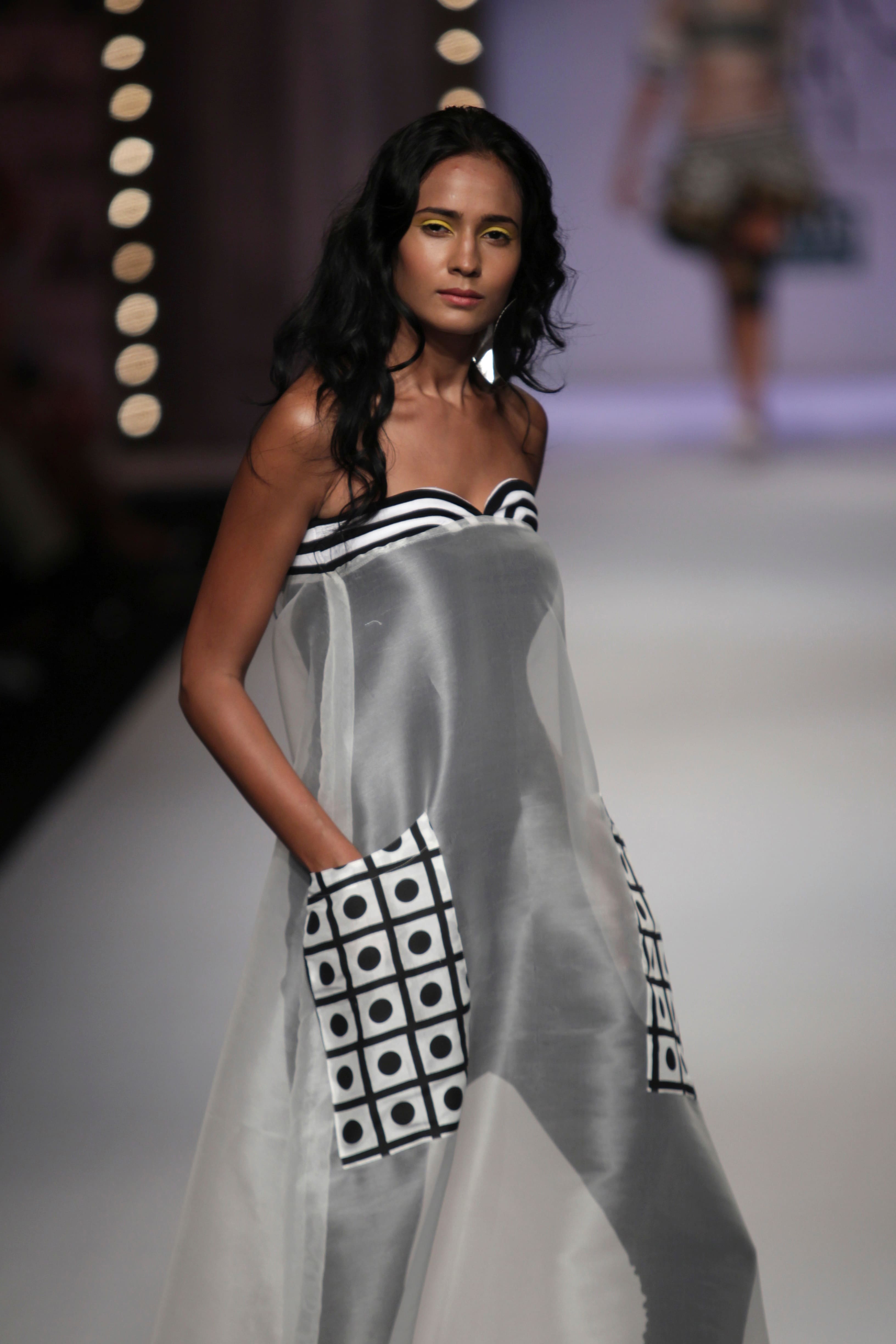 A model displays a creation by Masaba during the Wills Lifestyle India Fashion Week in New Delhi.