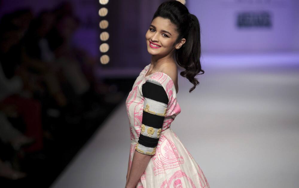 Alia Bhatt displays a creation by Masaba during the Wills Lifestyle India Fashion Week in New Delhi.