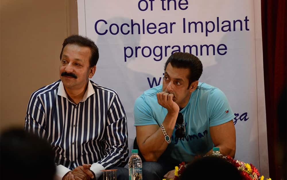 Bollywood actor Salman Khan (R) and Baba Siddiqui during the second anniversary celebration of Cochlear implants facility for underprivileged children at Holy family hospital in Mumbai. Pic Courtesy: DNA