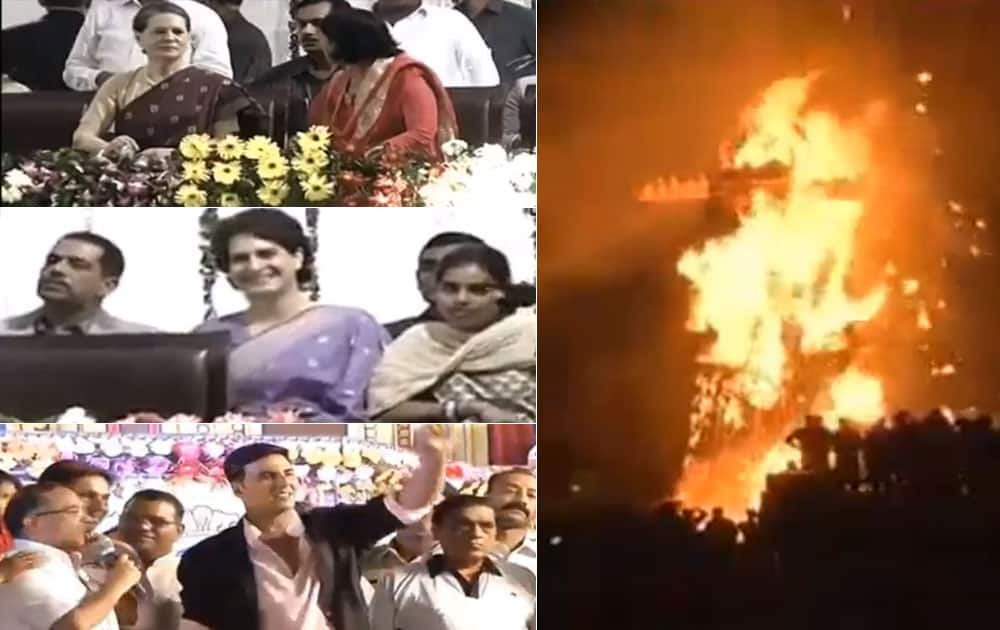 Sonia Gandhi, Priyanka Vadra and film star Akshay Kumar at Parade ground at Red Fort during the burning of the effigy of Ravan.