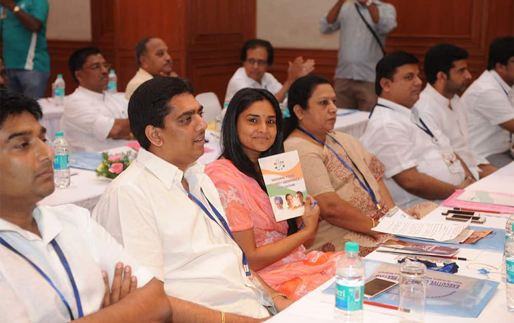 Sandalwood actress Ramya attends her first KPCC executive committee meeting after getting elected to the Lok Sabha from Mandya in the recent bypoll. Pic Courtesy: DNA