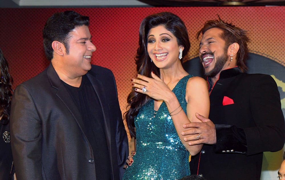 Shilpa Shetty, director Sajid Khan and choreographer Terence Lewis during the press conference of an upcoming celebrity dance competition in Mumbai.