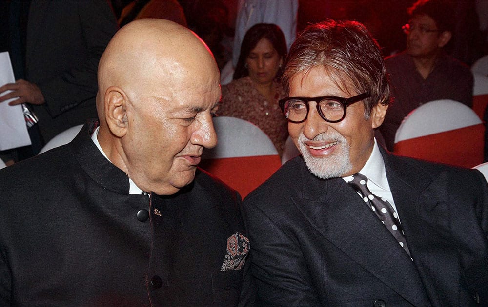 Actors Prem Chopra and Amitabh Bachchan attending a launch event in Mumbai.