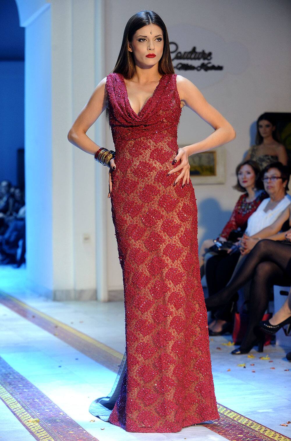 A model displays a creation by Macedonian designer Mila Kadriu during a fashion show in Skopje, Macedonia.