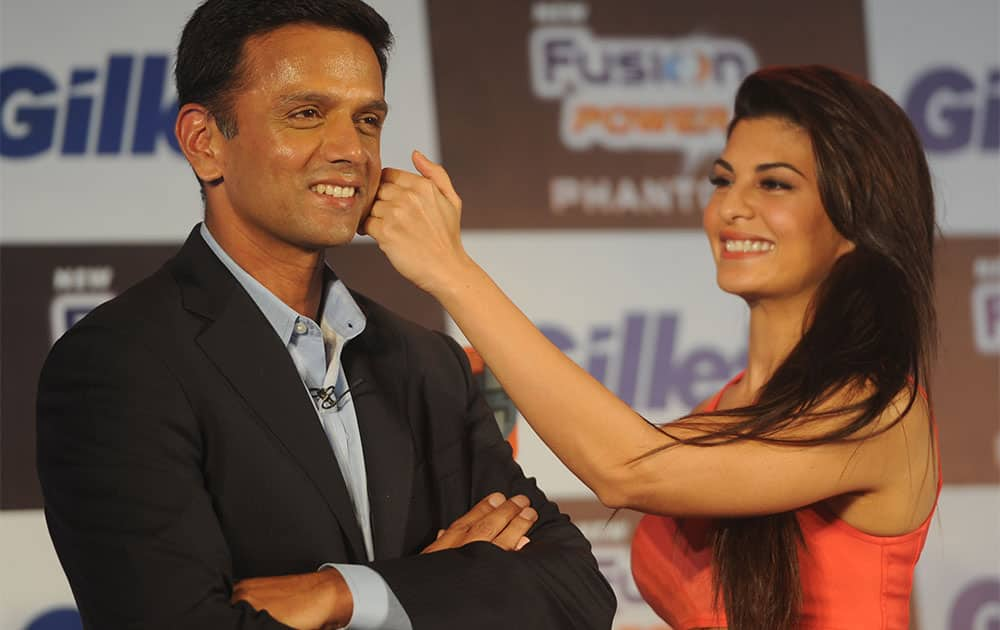 Indian cricketer Rahul Dravid (L) and actress Jacqueline Fernandes at the launch of Gillette's fusion power phantom razor at ITC hotel at Parel. Pic Courtesy: DNA