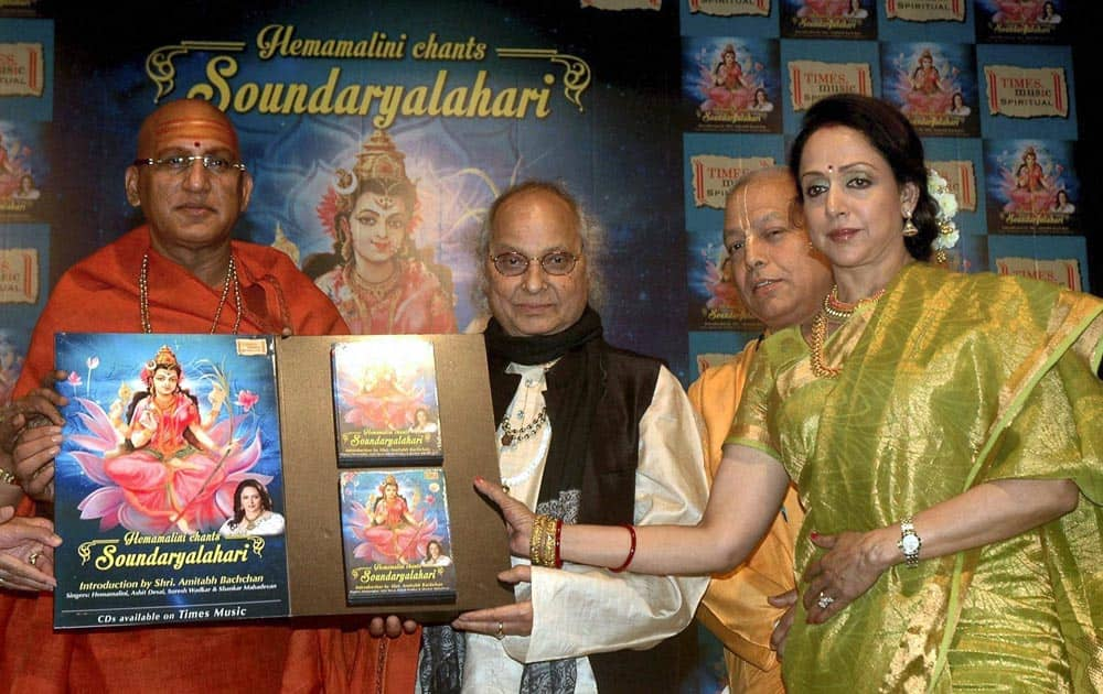 Bollywood Actress Hema Malani's music album 'Soundaryalahari' launch by Pt.Jasraj and Swami Awadeshanand Giri during a function in Mumbai.