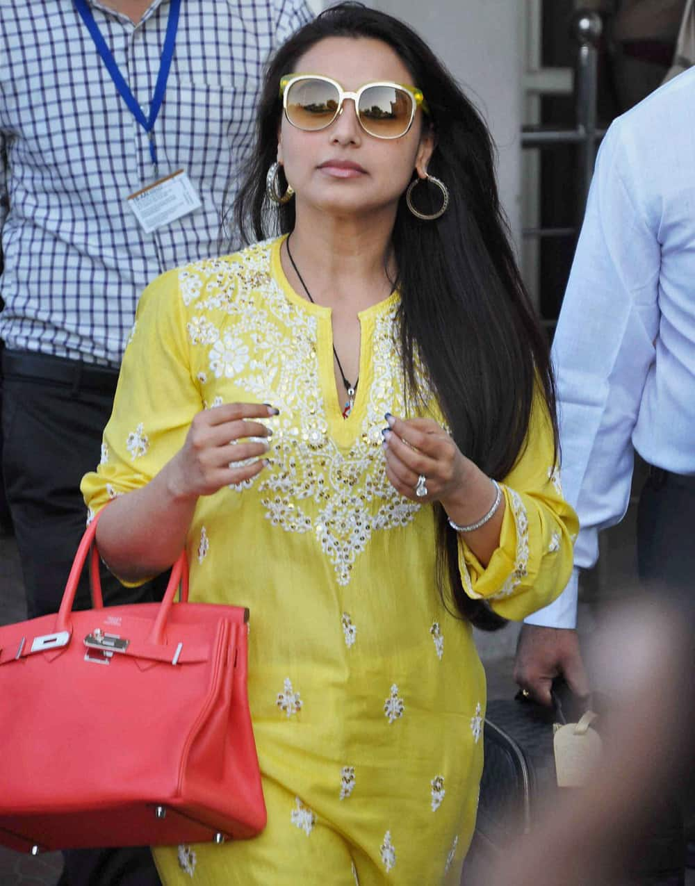 Rani Mukherjee arrives at the airport in Jodhpur on Thursday to attend Nita Ambani's 50 birthday bash.