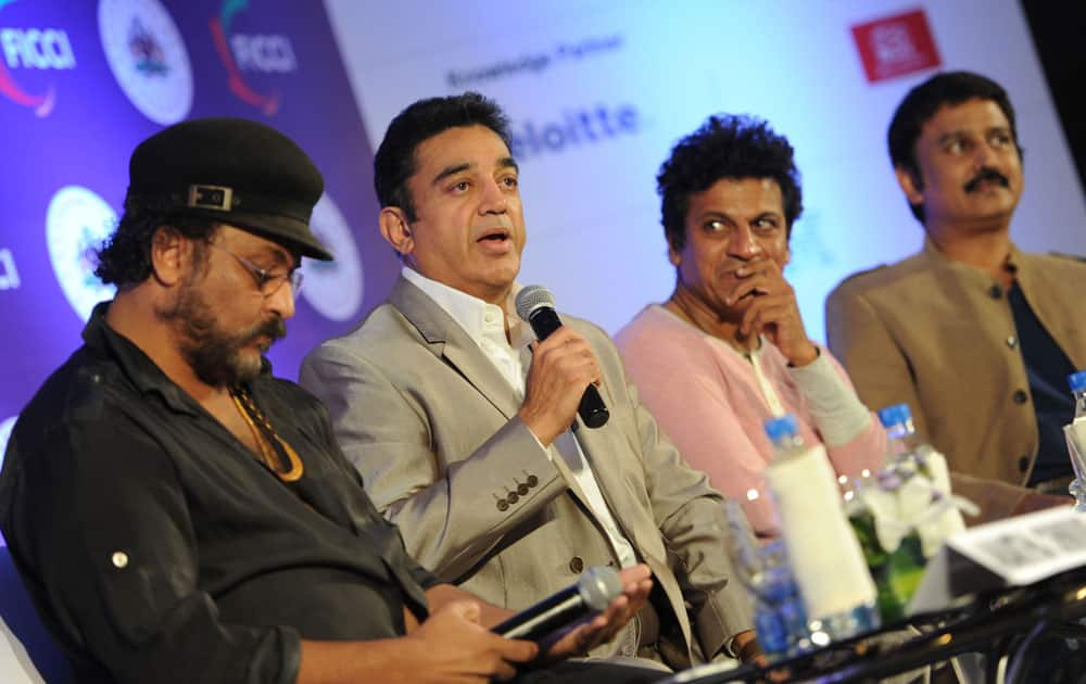 Sandalwood personality V Ravichandran and actors Kamal Haasan, Shivarajkumar and Ramesh Aravind at FICCI Media and Entertainment Conclave, in Bangalore. Pic Courtesy: DNA