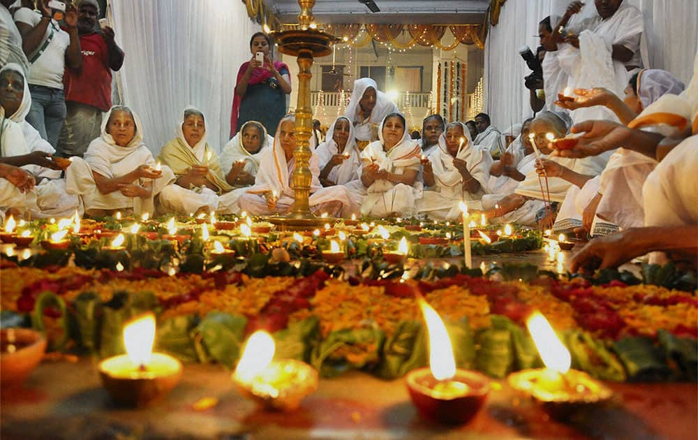 Bengali widows celebrating Diwali organized by NGO Shulabh International, in Vrindavan.