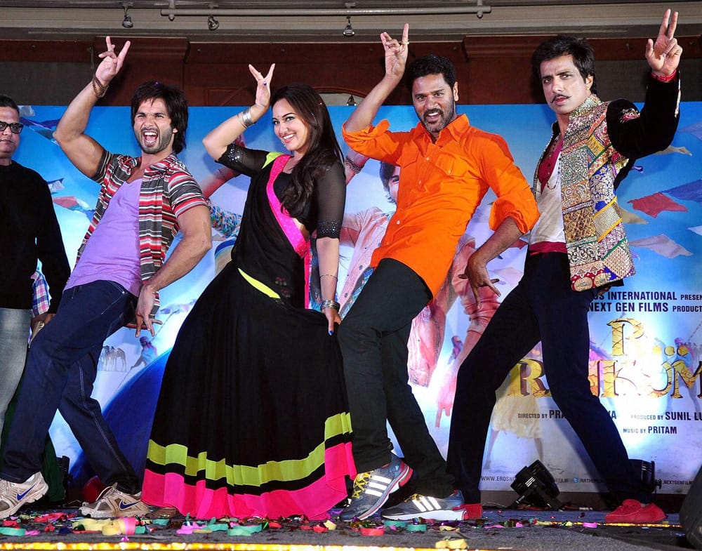 Sonakshi Sinha, Shahid Kapoor and Prabhu Deva at the music launch of their forthcoming film 'R. Rajkumar' in Mumbai.