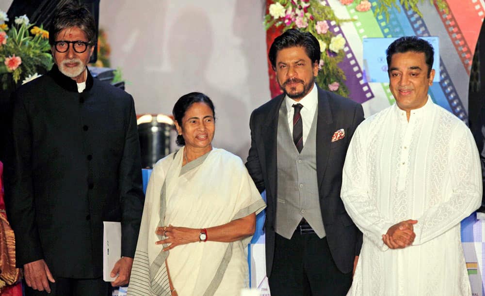  West Bengal Chief Minister Mamata Banerjee, actors Amitabh Bachchan, Kamal Hasan and Shahrukh Khan during the inauguration of the19th Kolkata International Film Festival in Kolkata.