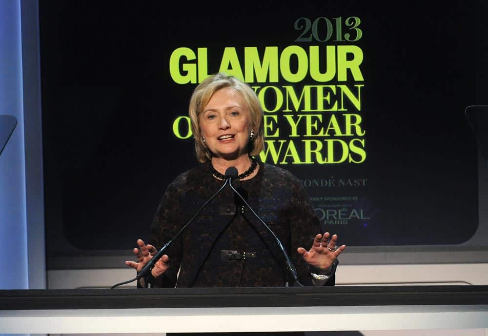 Former United States Secretary of State Hillary Clinton is seen on stage at the 2013 Glamour Women of the Year Awards, in New York.