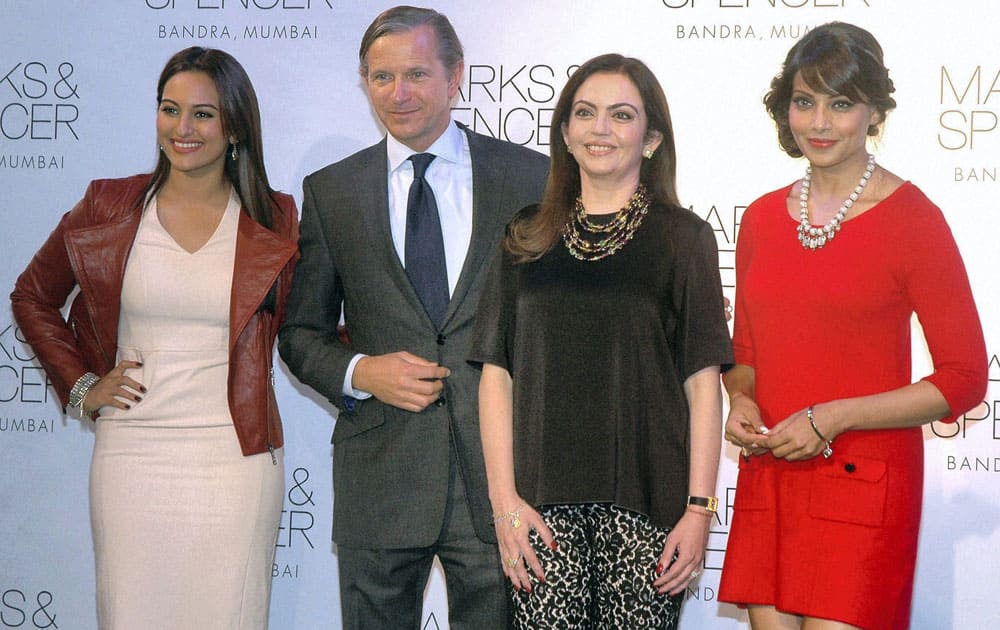 Bollywood Actresses Bipasha Basu, Sonakshi Sinha, Social Activist Nita Ambani and Marc Bolland, CEO of Marks & Spencer during promotional event in Mumbai.