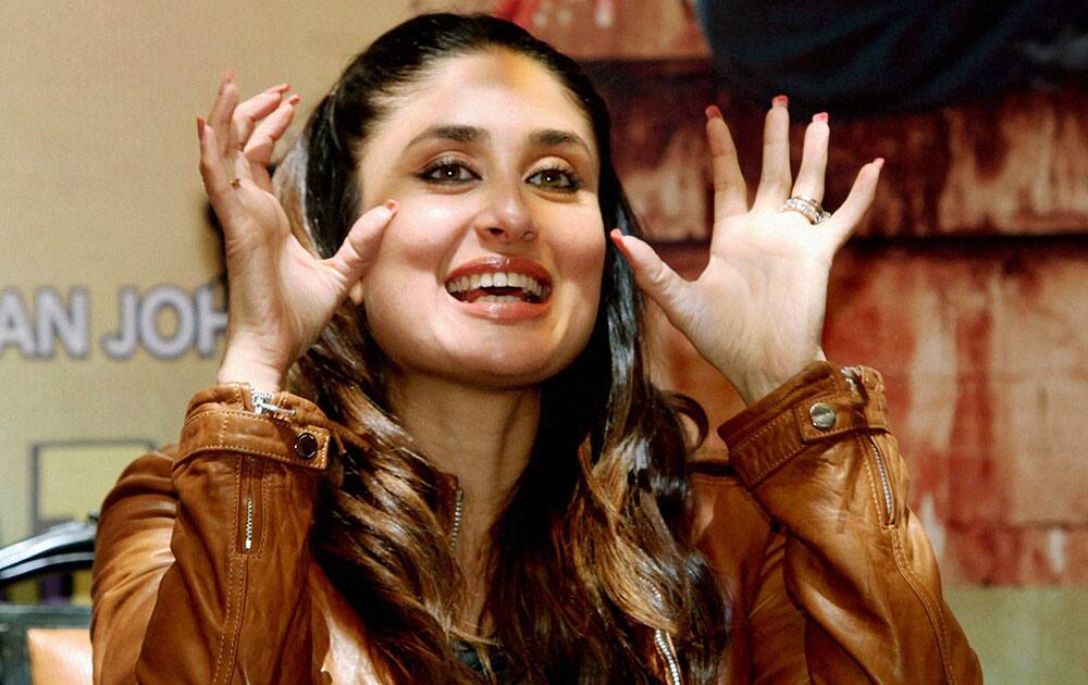 Bollywood actor Kareena Kapoor gestures during promotion of her new upcoming film 'Gori Tere Pyaar Mein' in Kolkata.