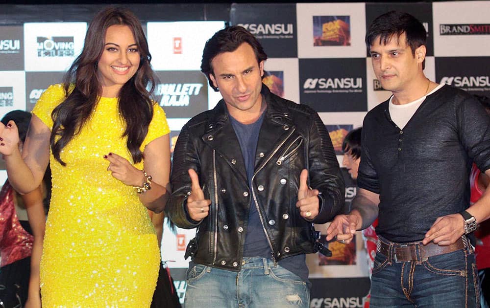 Bollywood actors Saif Ali Khan, Sonakshi Sinha and Jimmy Shergill at a press meet for their film Bullett Raja in Mumbai.