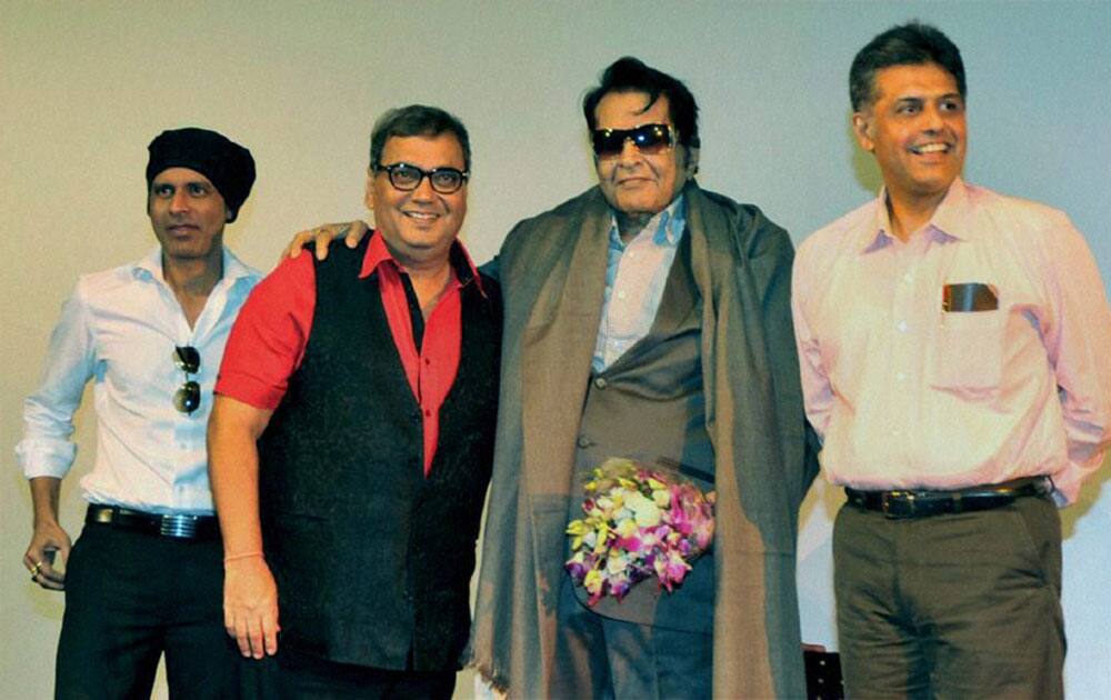 Union Minister I&B minister Manish Tewari, along with the veteran actor Manoj Kumar, Director Subhash Ghai and actor Manoj Bajpayee, during the 44th International Film Festival of India, in Panaji.