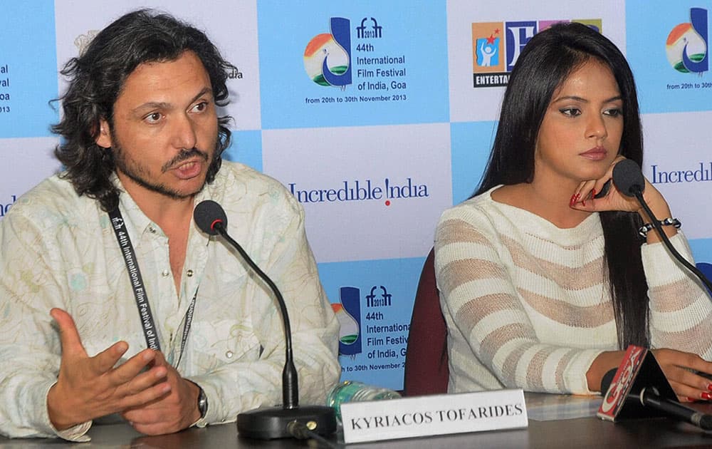 Director Kyriacos Tofarides and actress Neetu Chandra interacting with the Media at the 44th International Film Festival of India (IFFI-2013) in Panaji, Goa.