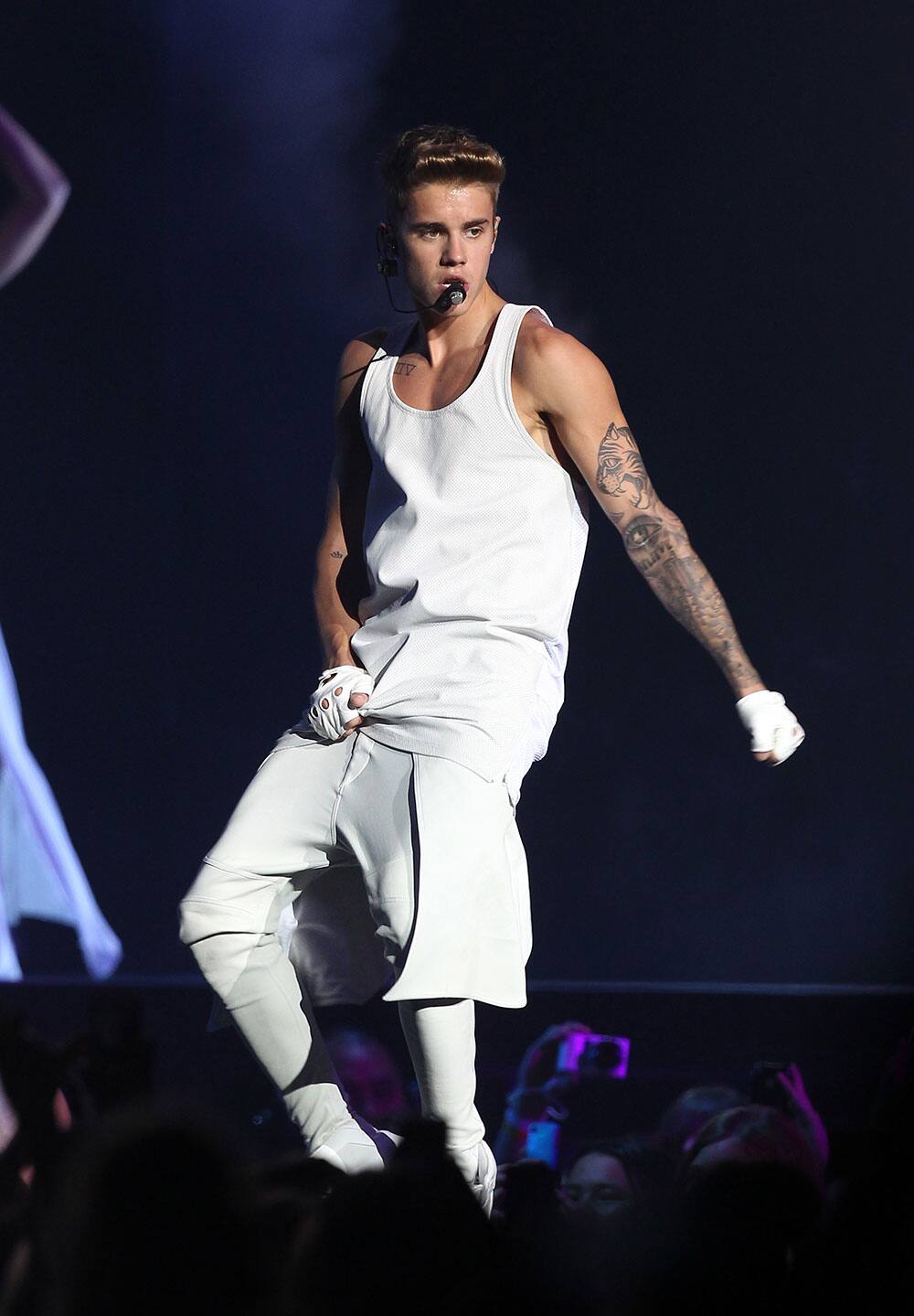 Canadian pop singer Justin Bieber performs on stage during the first Australian stop of his Believe tour at the Entertainment Centre in Brisbane, Australia.