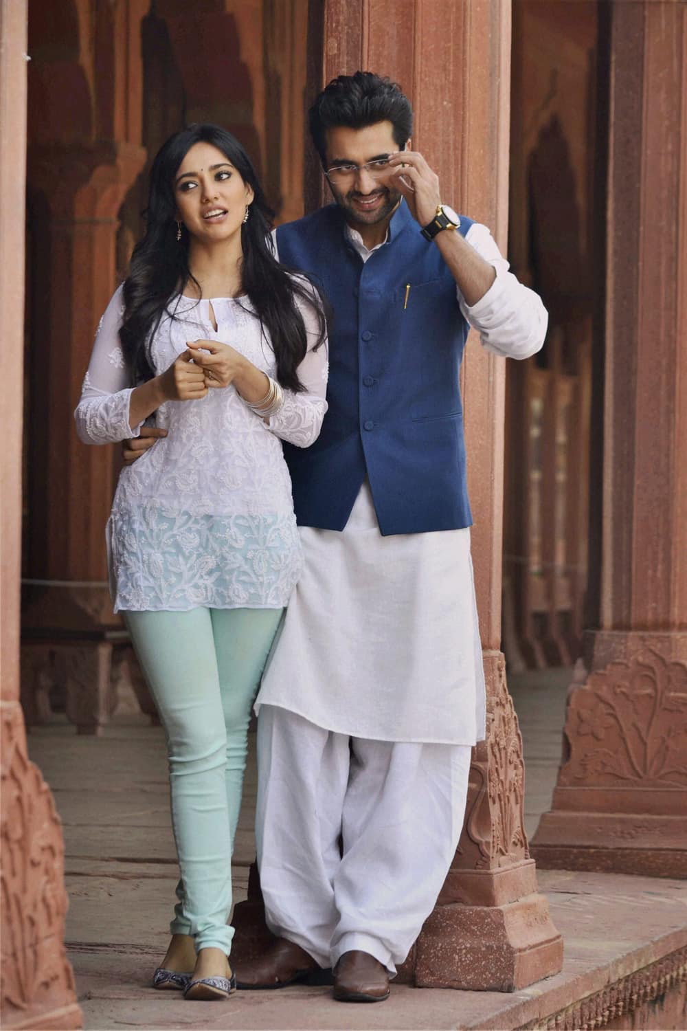 Jackie Bhagnani and Neha Sharma during the shoot of a film at Taj Mahal in Agra.